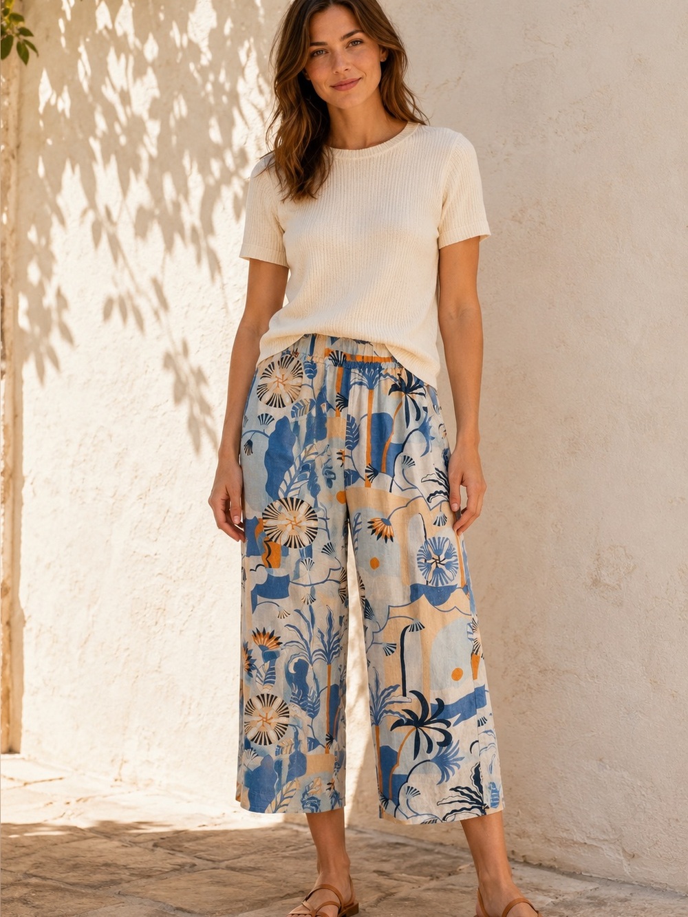 Nicole Miller 100% Linen Tropical Print Wide Leg Resortwear Pants Euro Summer S